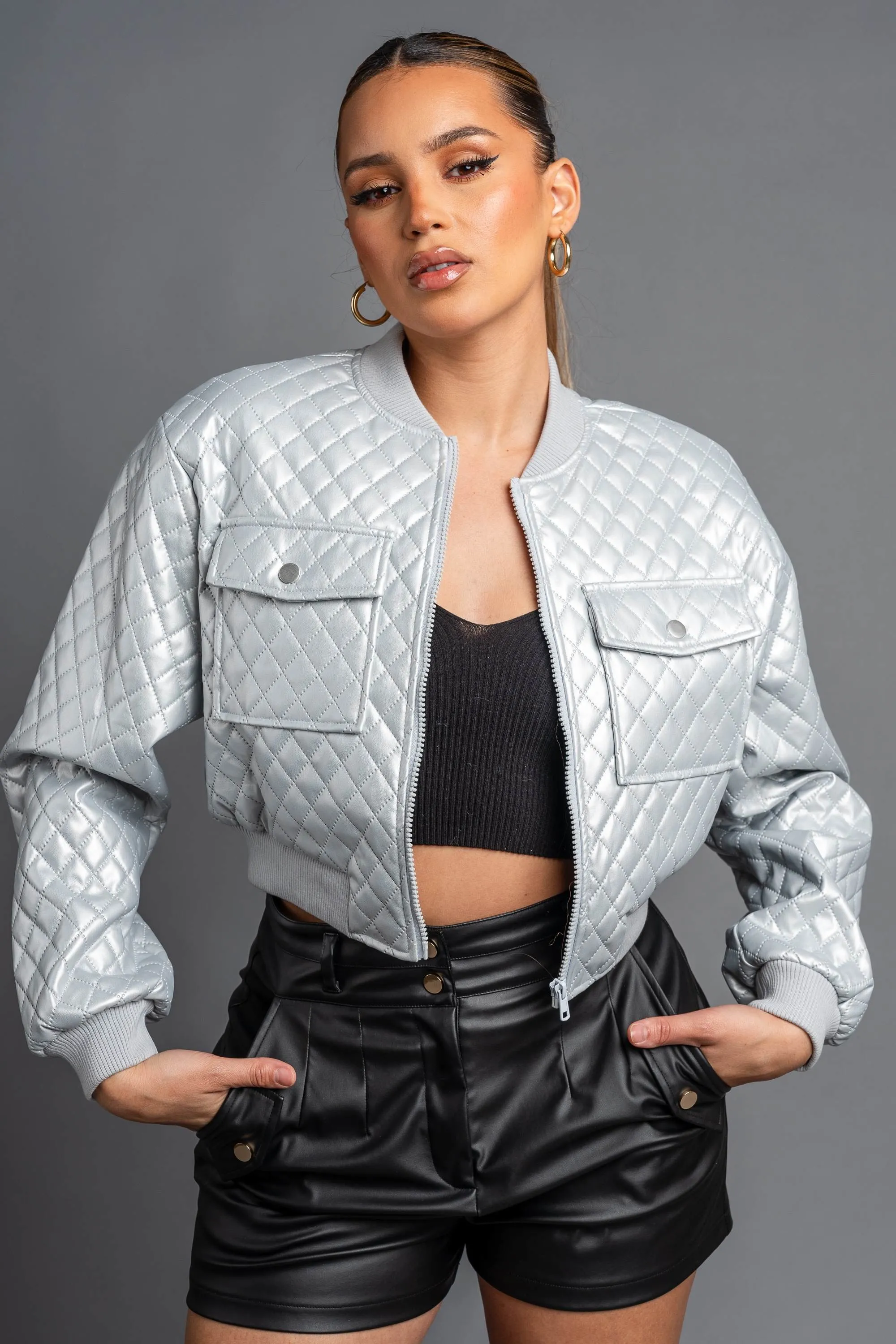 CHIC QUILTED PLEATER CROPPED PU BOMBER JACKET