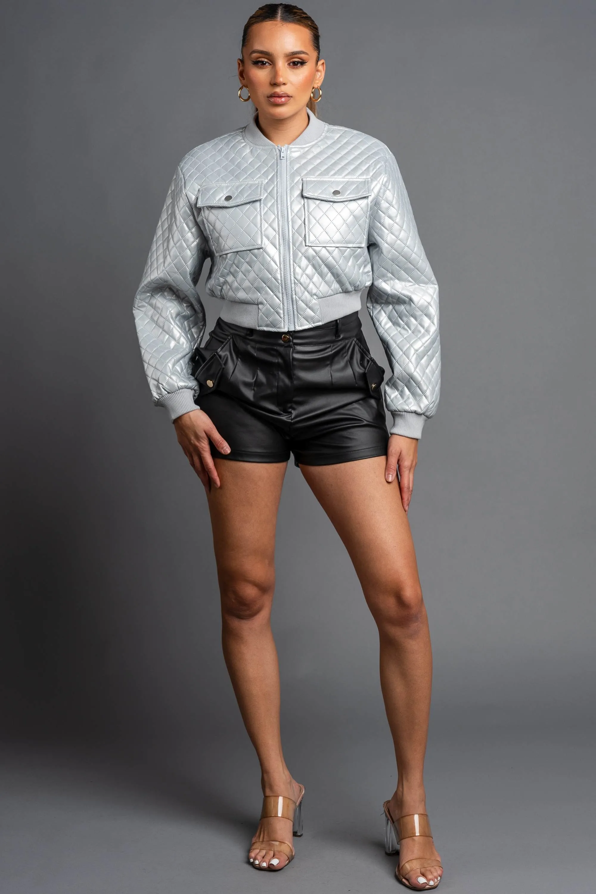 CHIC QUILTED PLEATER CROPPED PU BOMBER JACKET