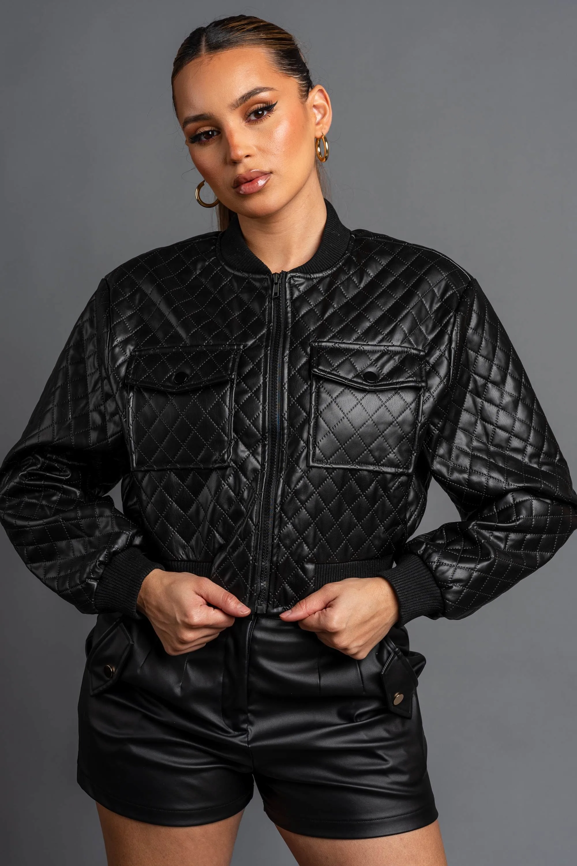 CHIC QUILTED PLEATER CROPPED PU BOMBER JACKET