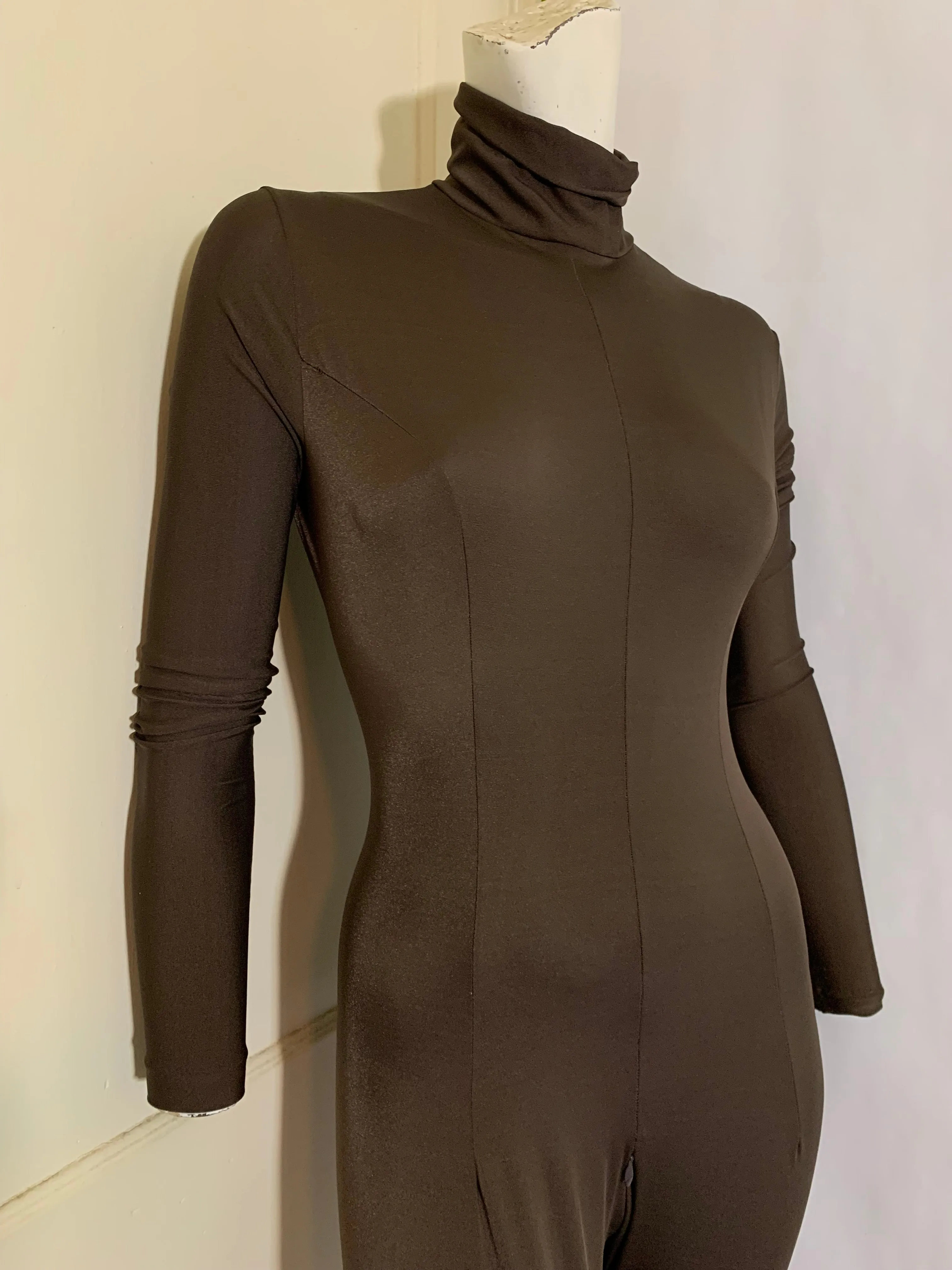 Cocoa Brown High Collar Long Sleeved Full Body Catsuit circa 1960s