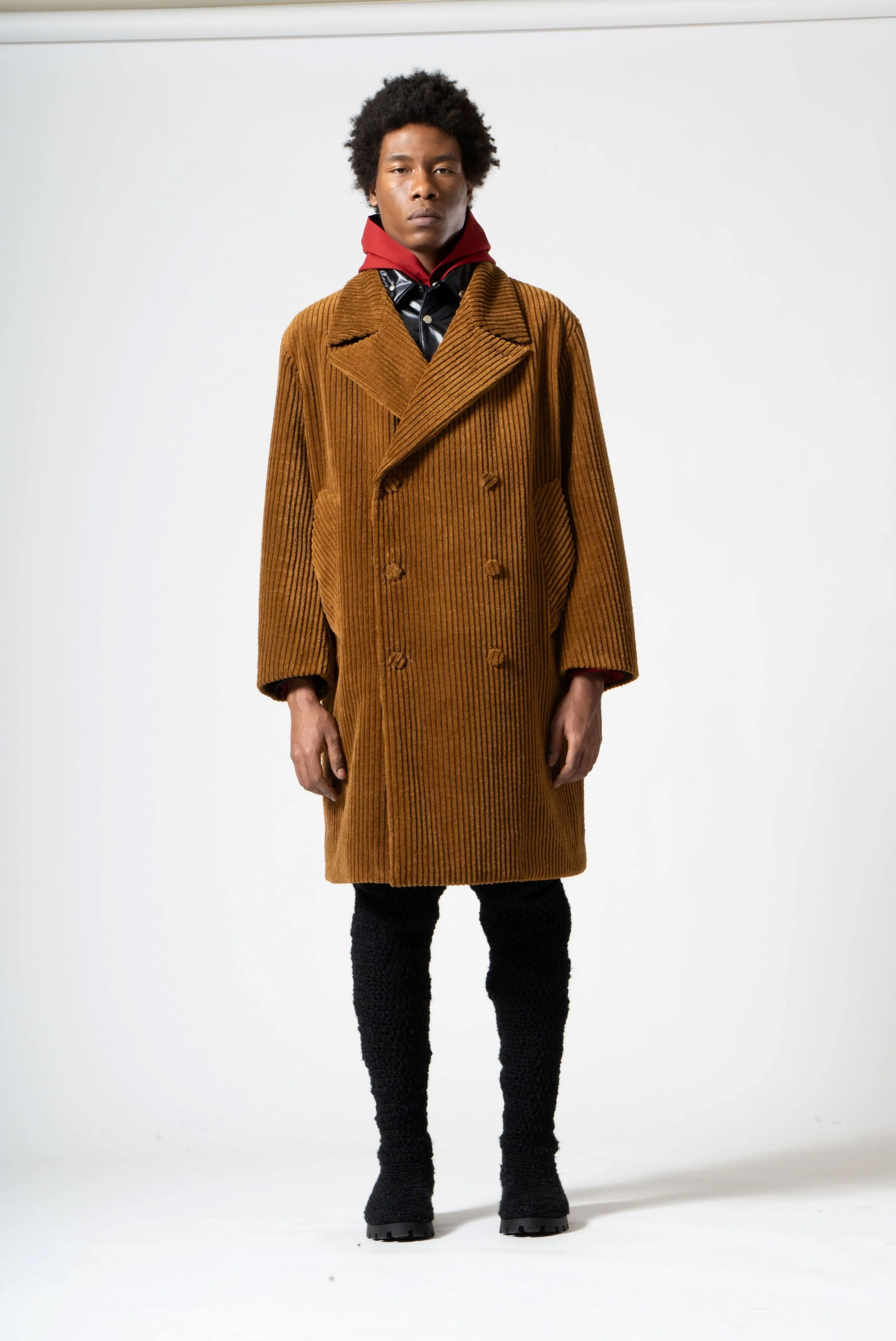 Cotton Corduroy Oversized Peacoat in Camel