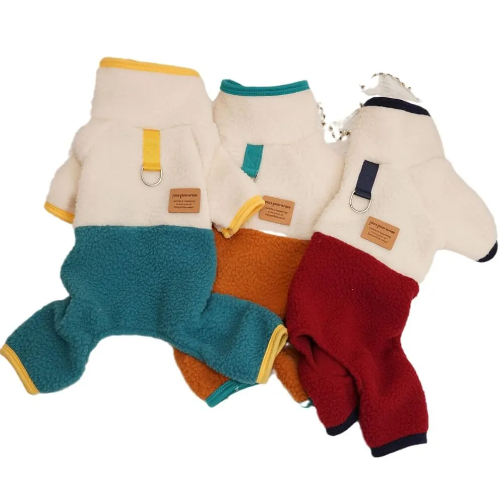 Cozy Fleece Colorblock Dog Jumpsuit - Stylish Winter Wear for Small Dogs