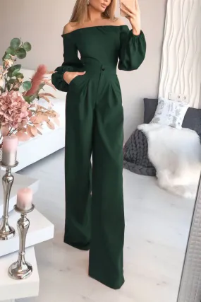 Dark Green Off-the-Shoulder Long Sleeve Jumpsuit