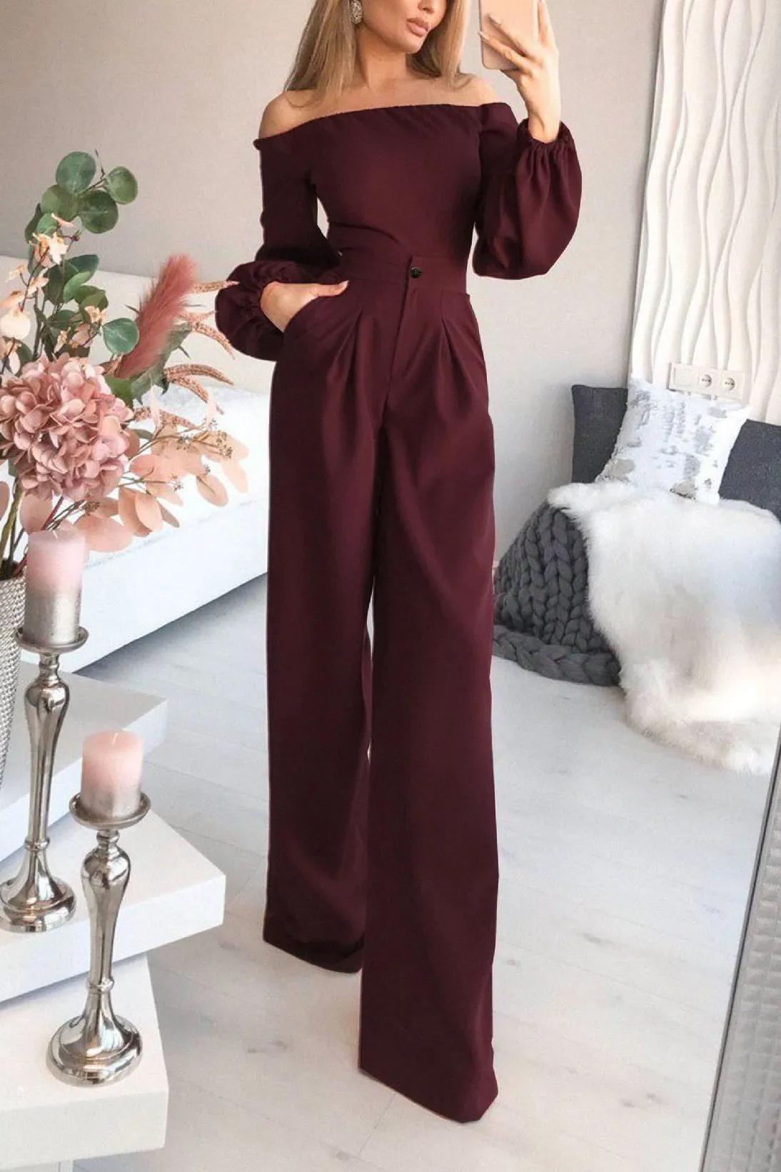 Dark Green Off-the-Shoulder Long Sleeve Jumpsuit