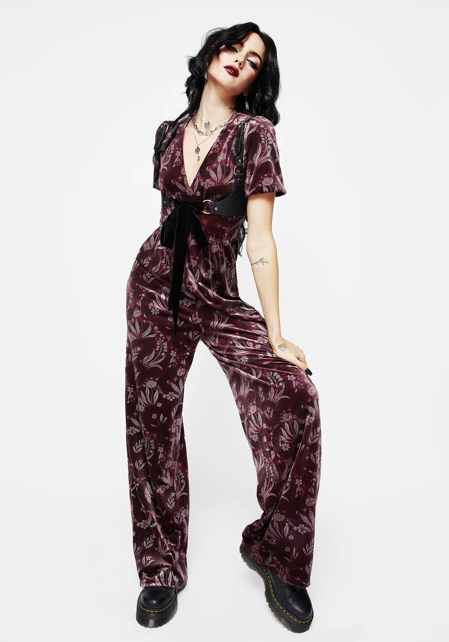 Deception Snake Foil Print Velour Jumpsuit