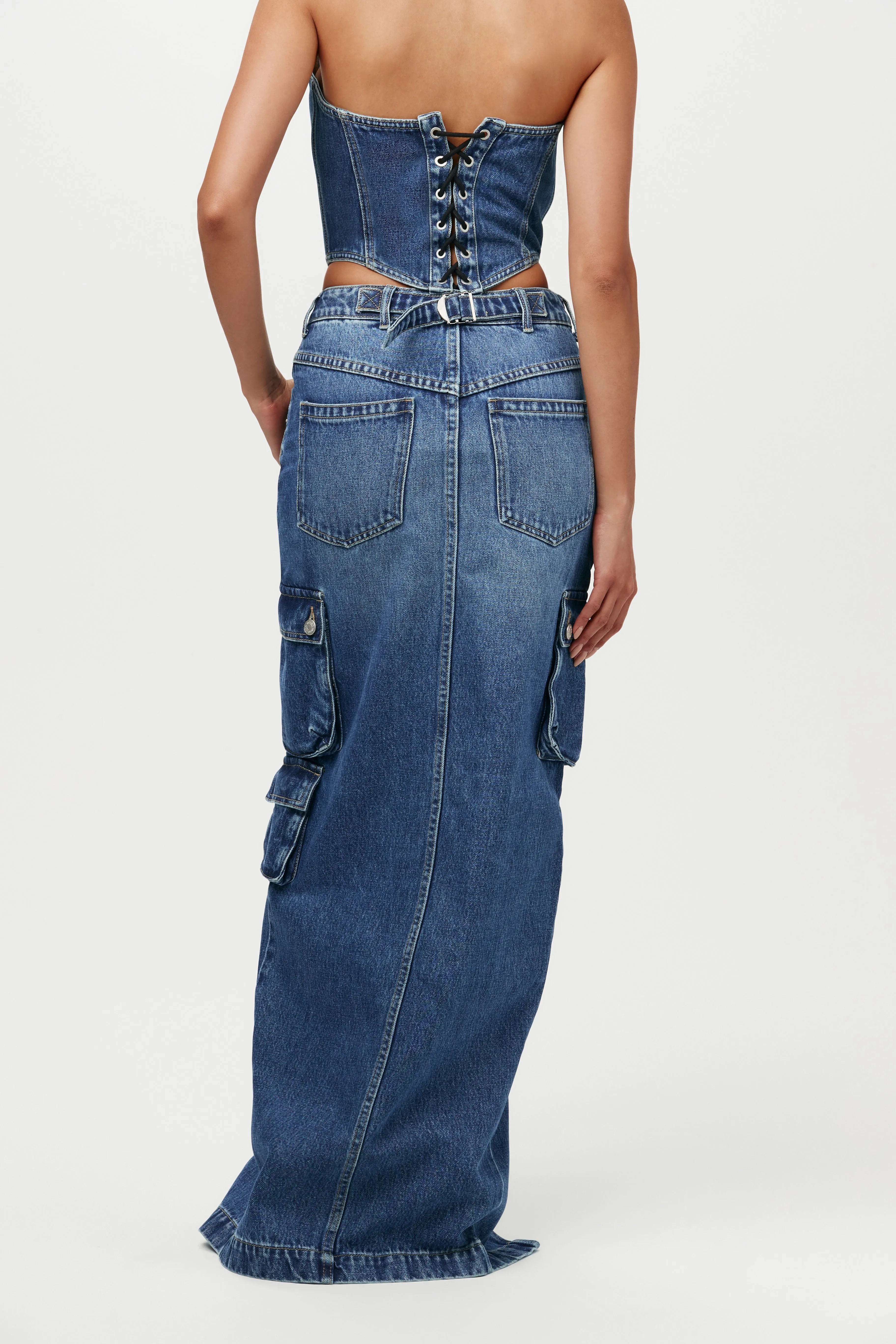 Denim Cargo Maxi Skirt