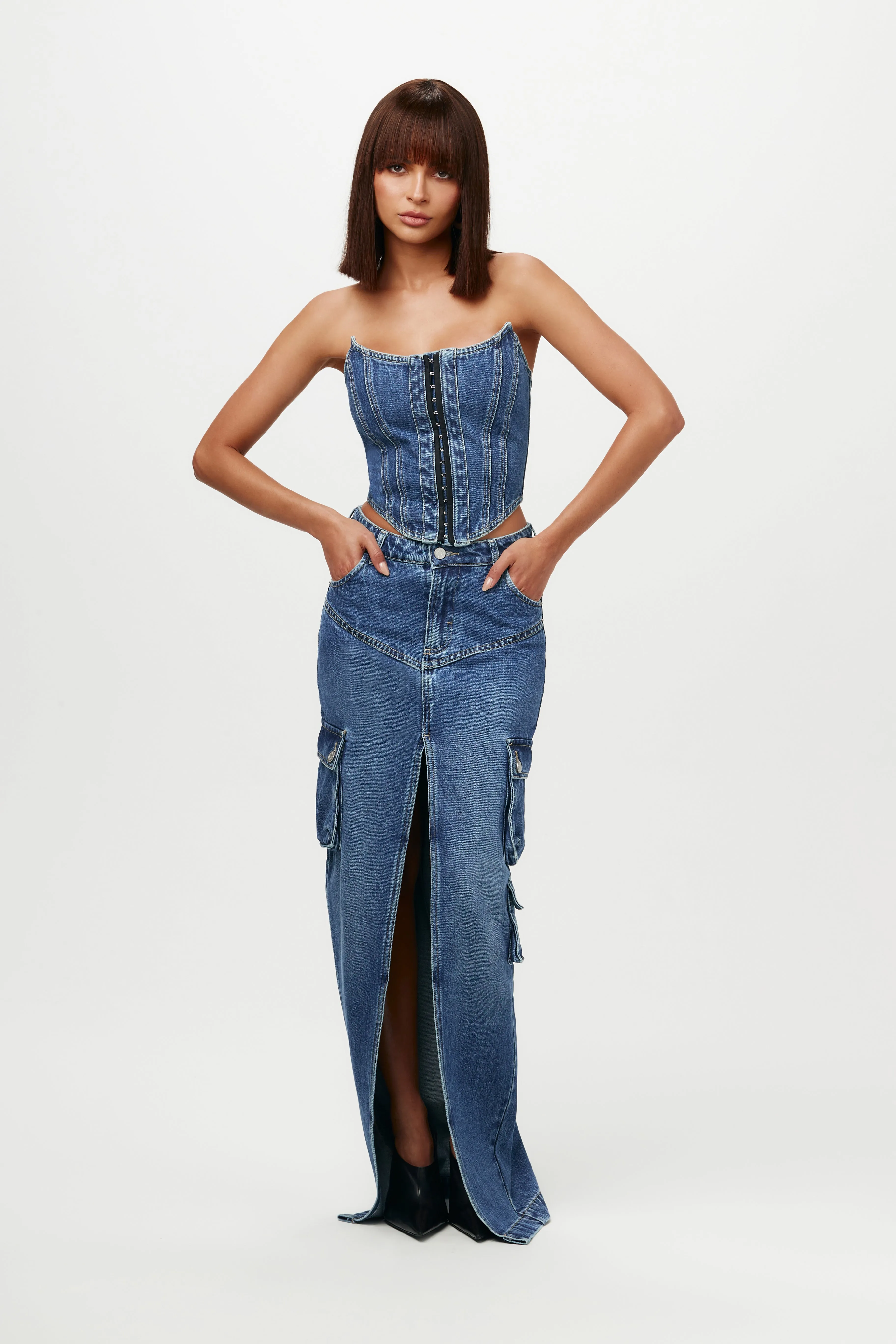 Denim Cargo Maxi Skirt