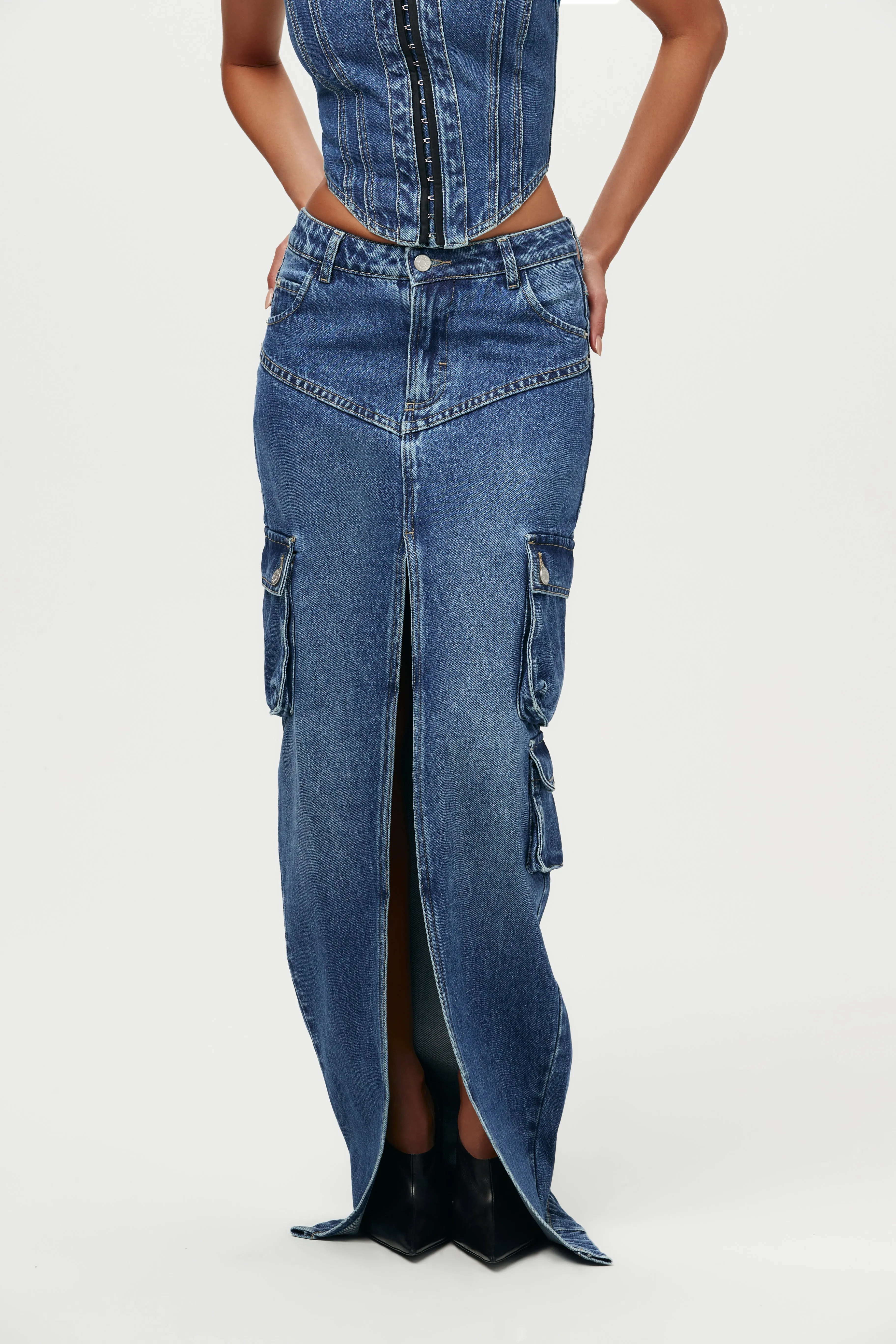 Denim Cargo Maxi Skirt