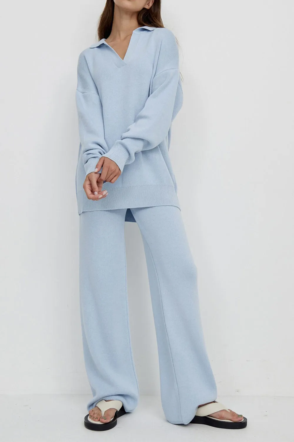 Dropped Shoulder Sweater and Long Pants Set