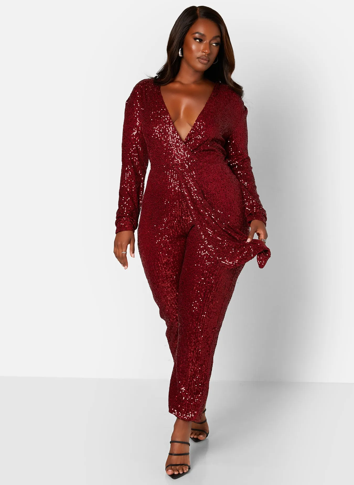 Empowered V-Neck Long Sleeve Sequin Jumpsuit