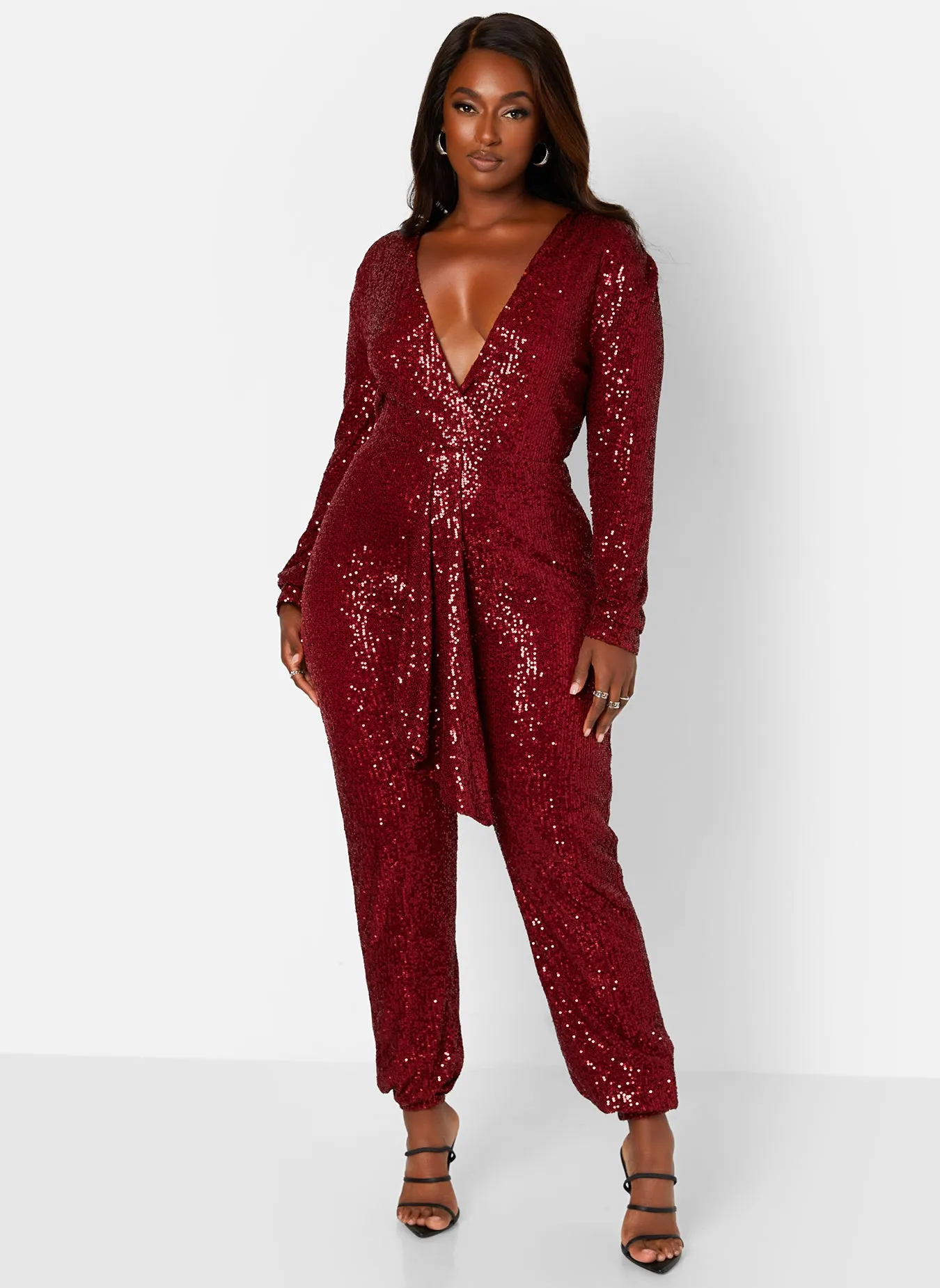 Empowered V-Neck Long Sleeve Sequin Jumpsuit