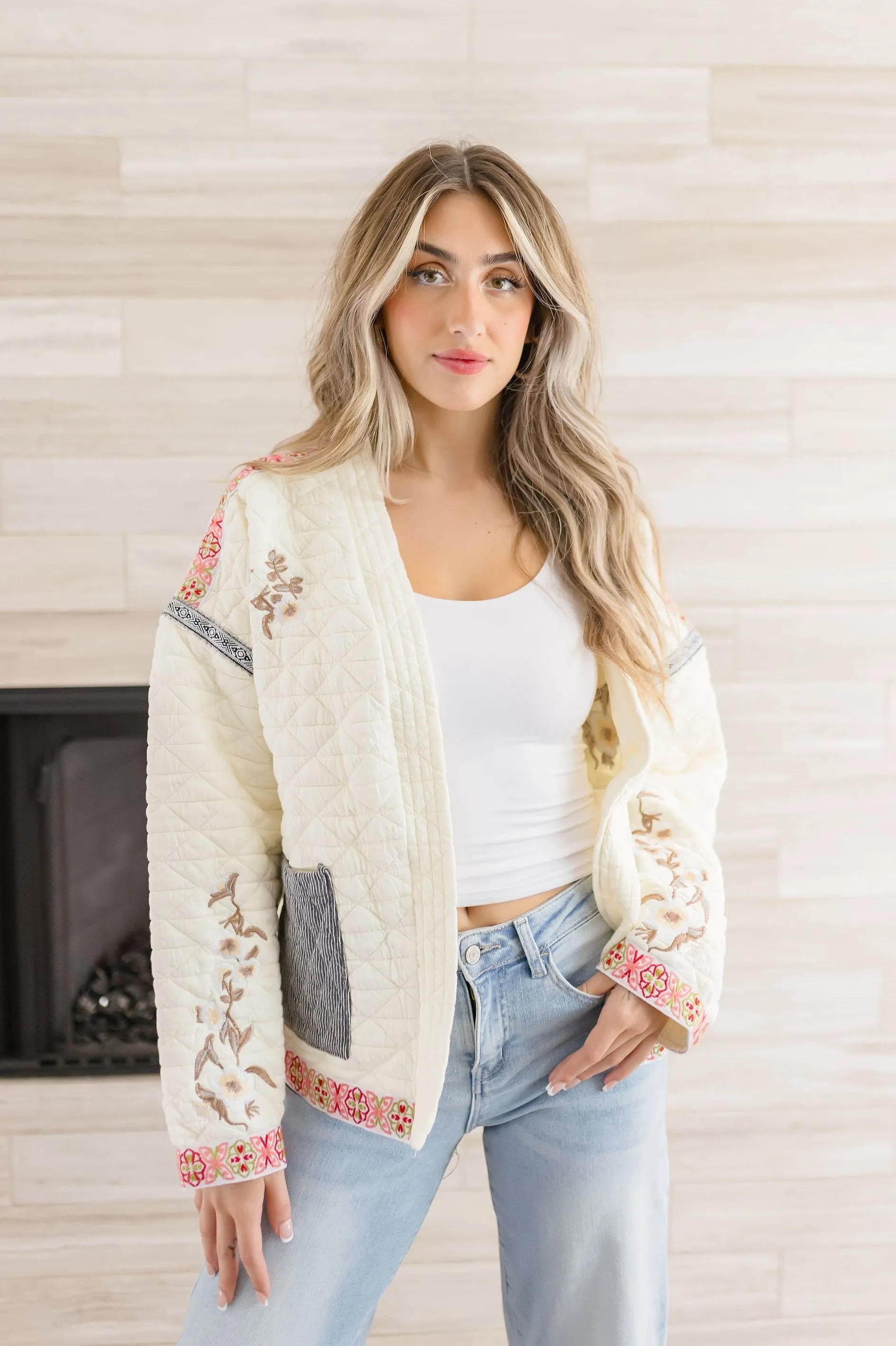 Farrah Long Sleeve Embroidered Quilted Shacket Cream