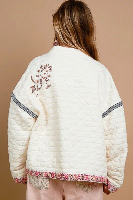 Farrah Long Sleeve Embroidered Quilted Shacket Cream