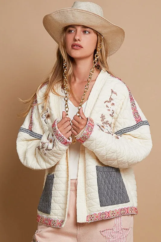 Farrah Long Sleeve Embroidered Quilted Shacket Cream