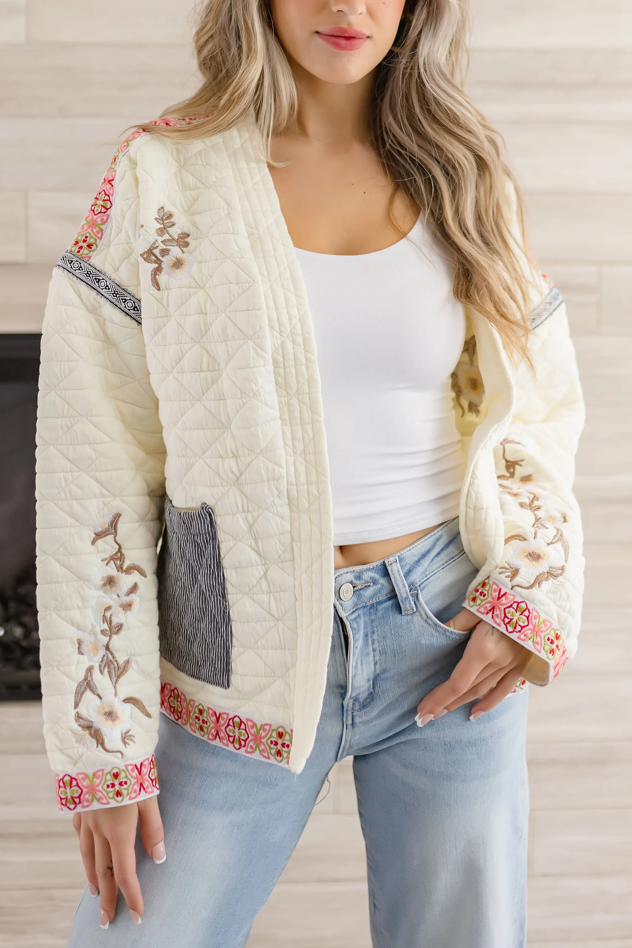 Farrah Long Sleeve Embroidered Quilted Shacket Cream