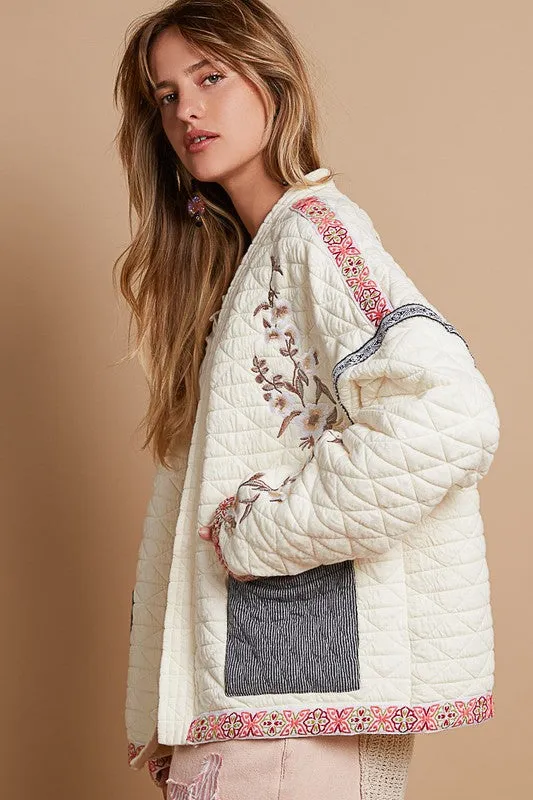 Farrah Long Sleeve Embroidered Quilted Shacket Cream