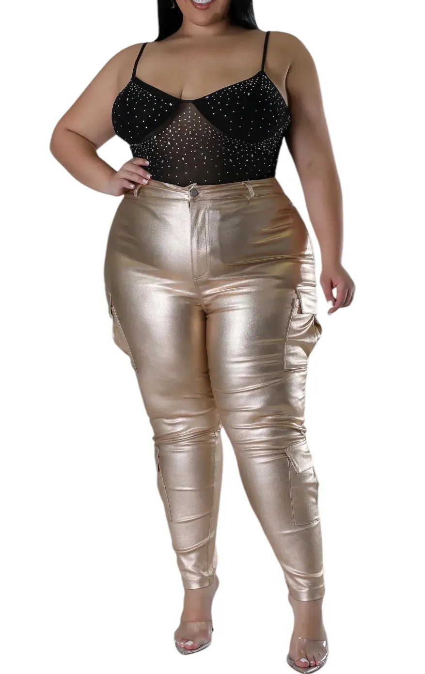 Final Sale Plus Size Slim Cargo Pants in Metallic Gold