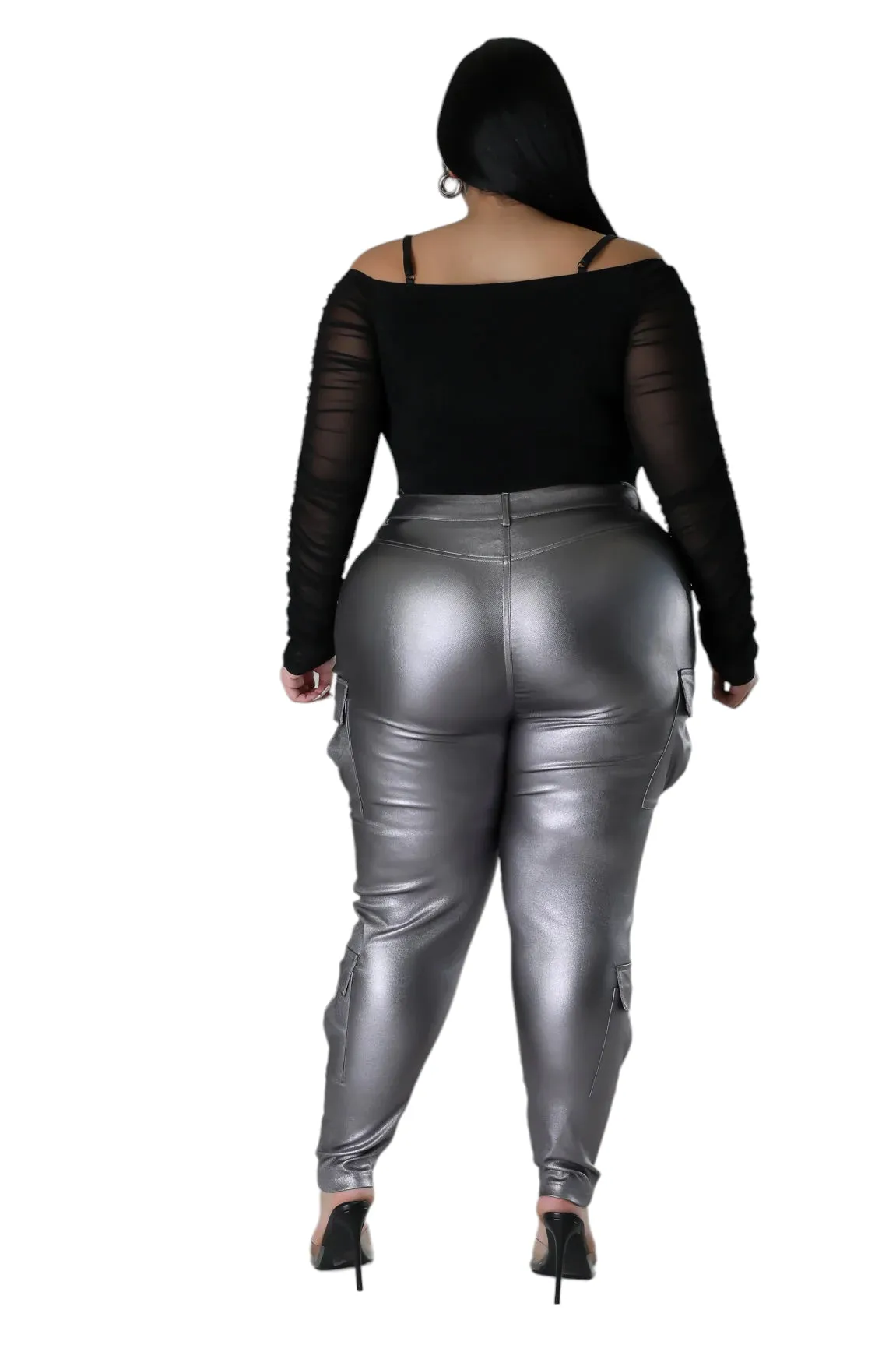 Final Sale Plus Size Slim Cargo Pants in Metallic Silver