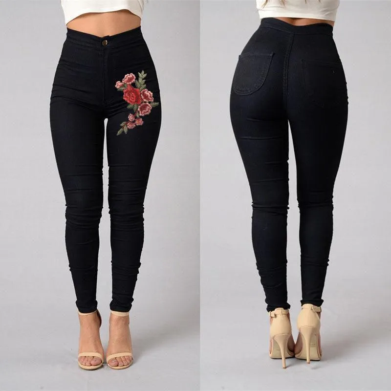 Floral Embroidered  High Waist Skinny Jean