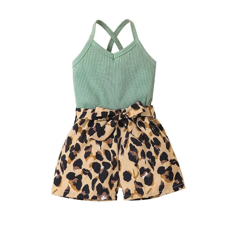 Girls' Sleeveless Leopard Print One-piece Shorts