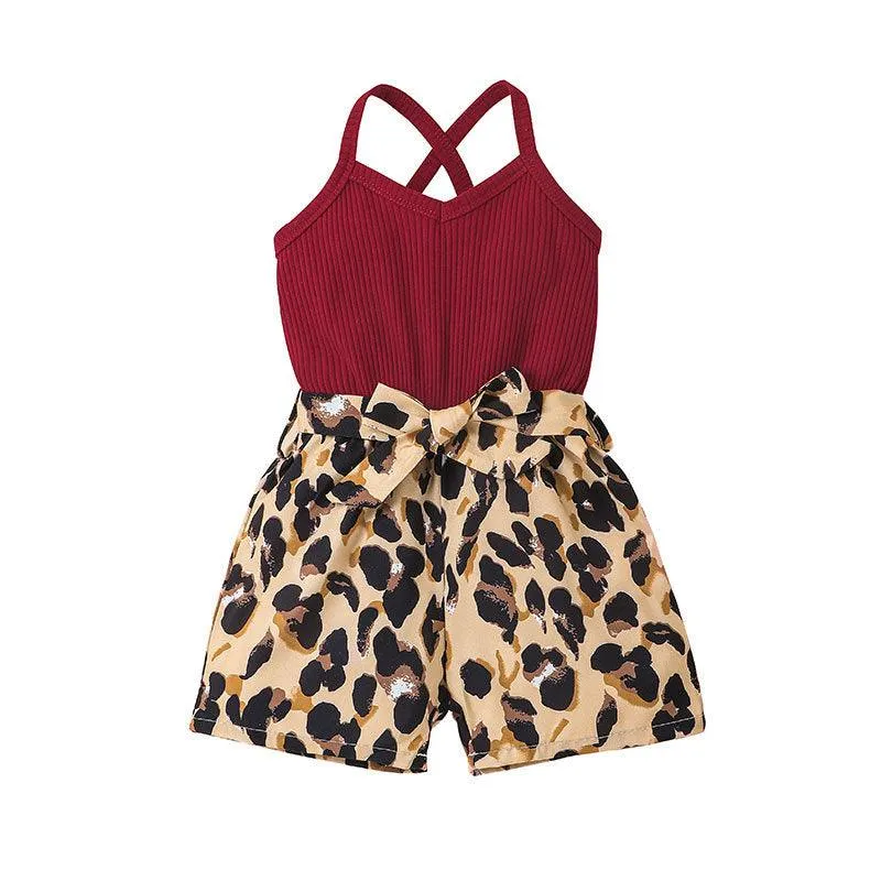 Girls' Sleeveless Leopard Print One-piece Shorts