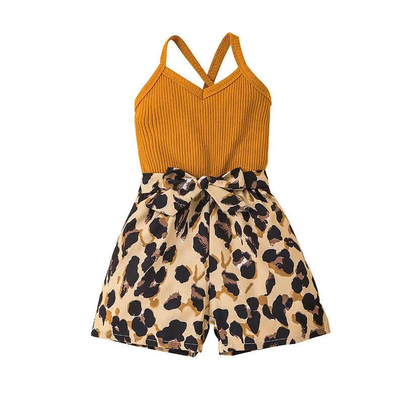 Girls' Sleeveless Leopard Print One-piece Shorts