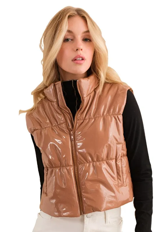 Gloss Shiny PU Quilted Puffer Zip Up Crop Vest