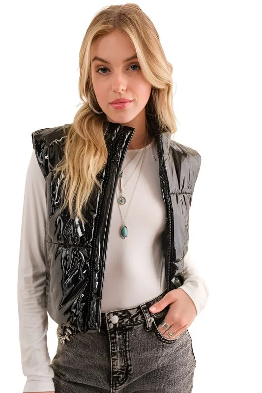 Gloss Shiny PU Quilted Puffer Zip Up Crop Vest