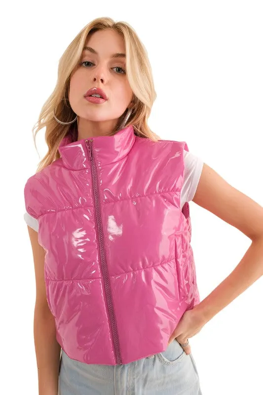 Gloss Shiny PU Quilted Puffer Zip Up Crop Vest