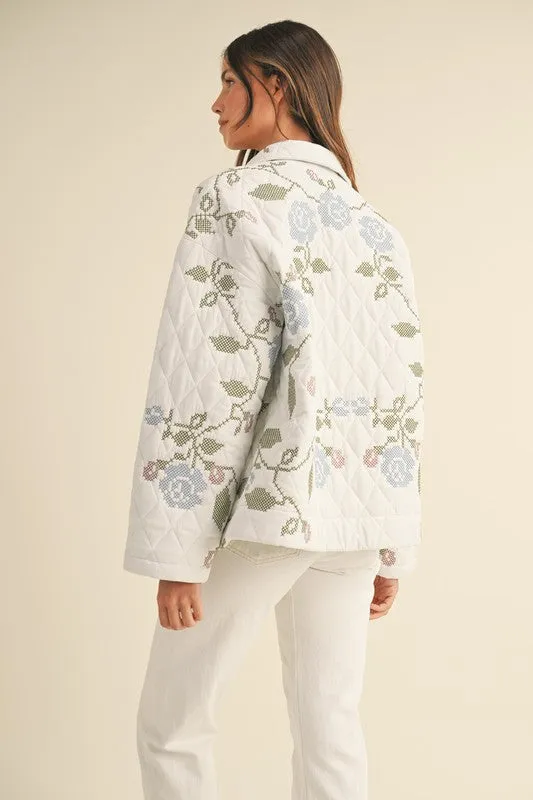 Hailey Long Sleeve Floral Embroidered Quilted Shacket White