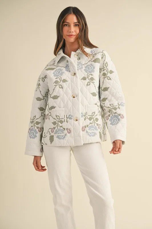 Hailey Long Sleeve Floral Embroidered Quilted Shacket White