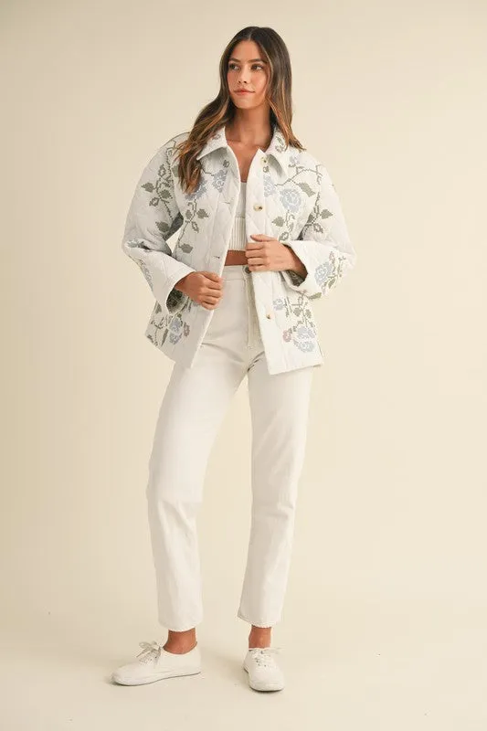 Hailey Long Sleeve Floral Embroidered Quilted Shacket White