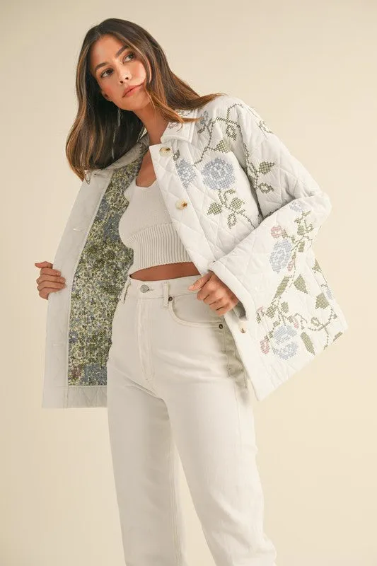 Hailey Long Sleeve Floral Embroidered Quilted Shacket White