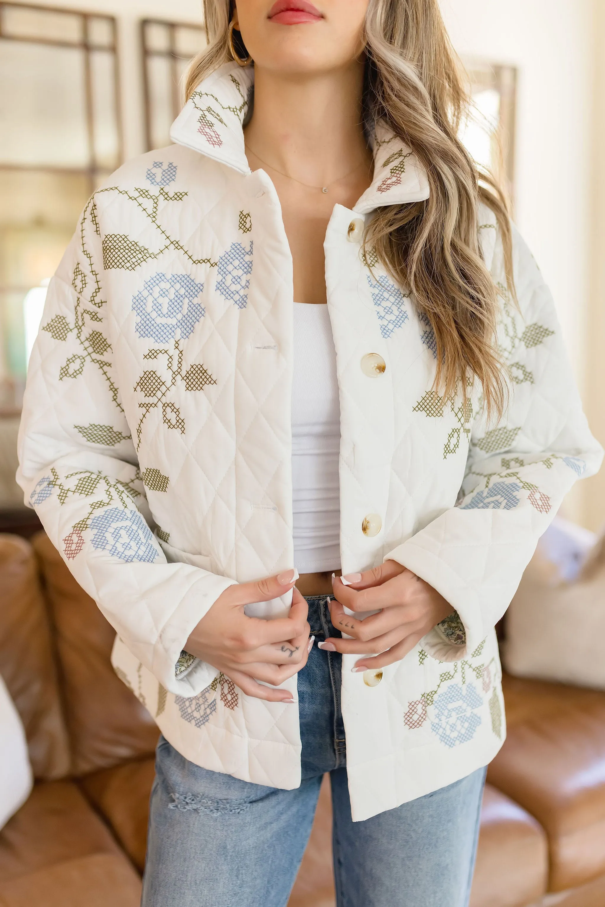 Hailey Long Sleeve Floral Embroidered Quilted Shacket White