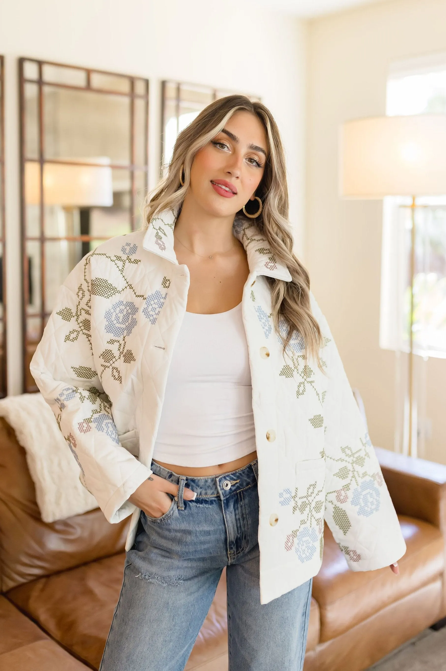 Hailey Long Sleeve Floral Embroidered Quilted Shacket White