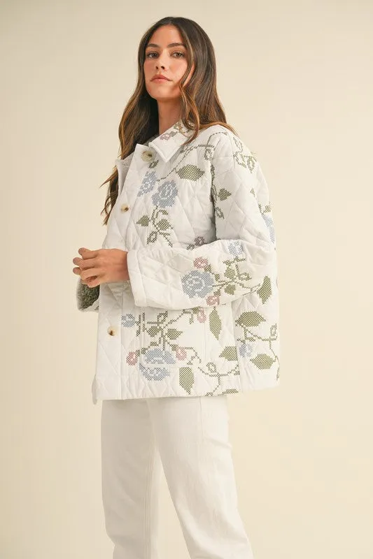 Hailey Long Sleeve Floral Embroidered Quilted Shacket White