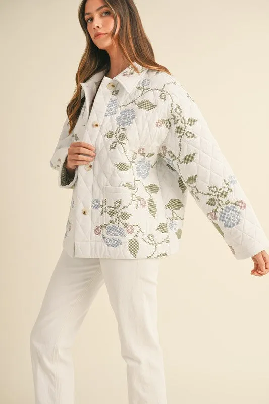 Hailey Long Sleeve Floral Embroidered Quilted Shacket White