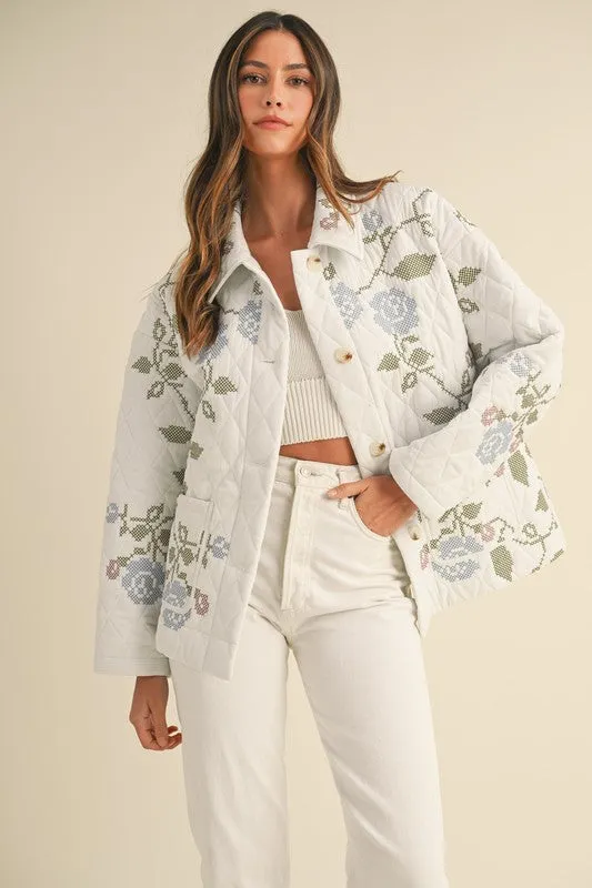 Hailey Long Sleeve Floral Embroidered Quilted Shacket White