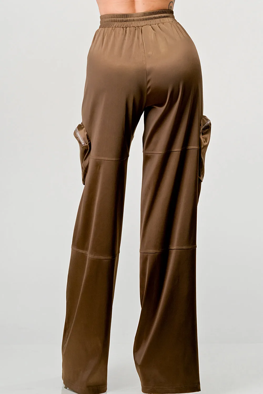 HEAVY STRETCH SATIN ELASTIC WAISTBAND CARGO PANTS