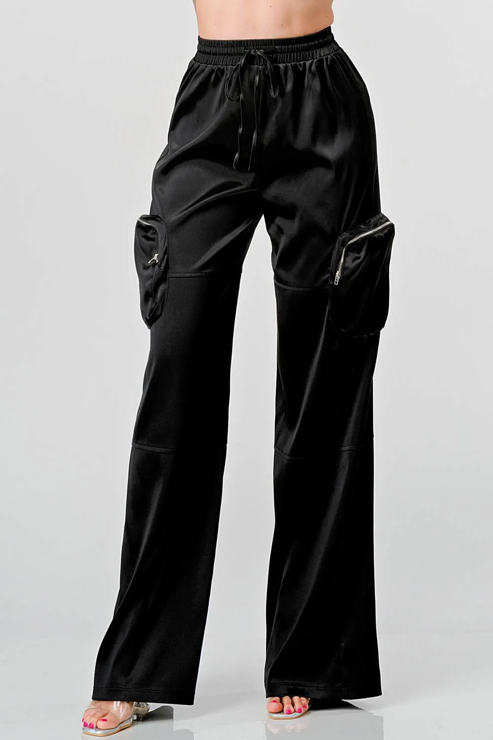 HEAVY STRETCH SATIN ELASTIC WAISTBAND CARGO PANTS