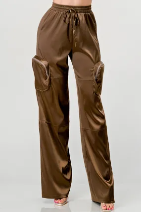 HEAVY STRETCH SATIN ELASTIC WAISTBAND CARGO PANTS