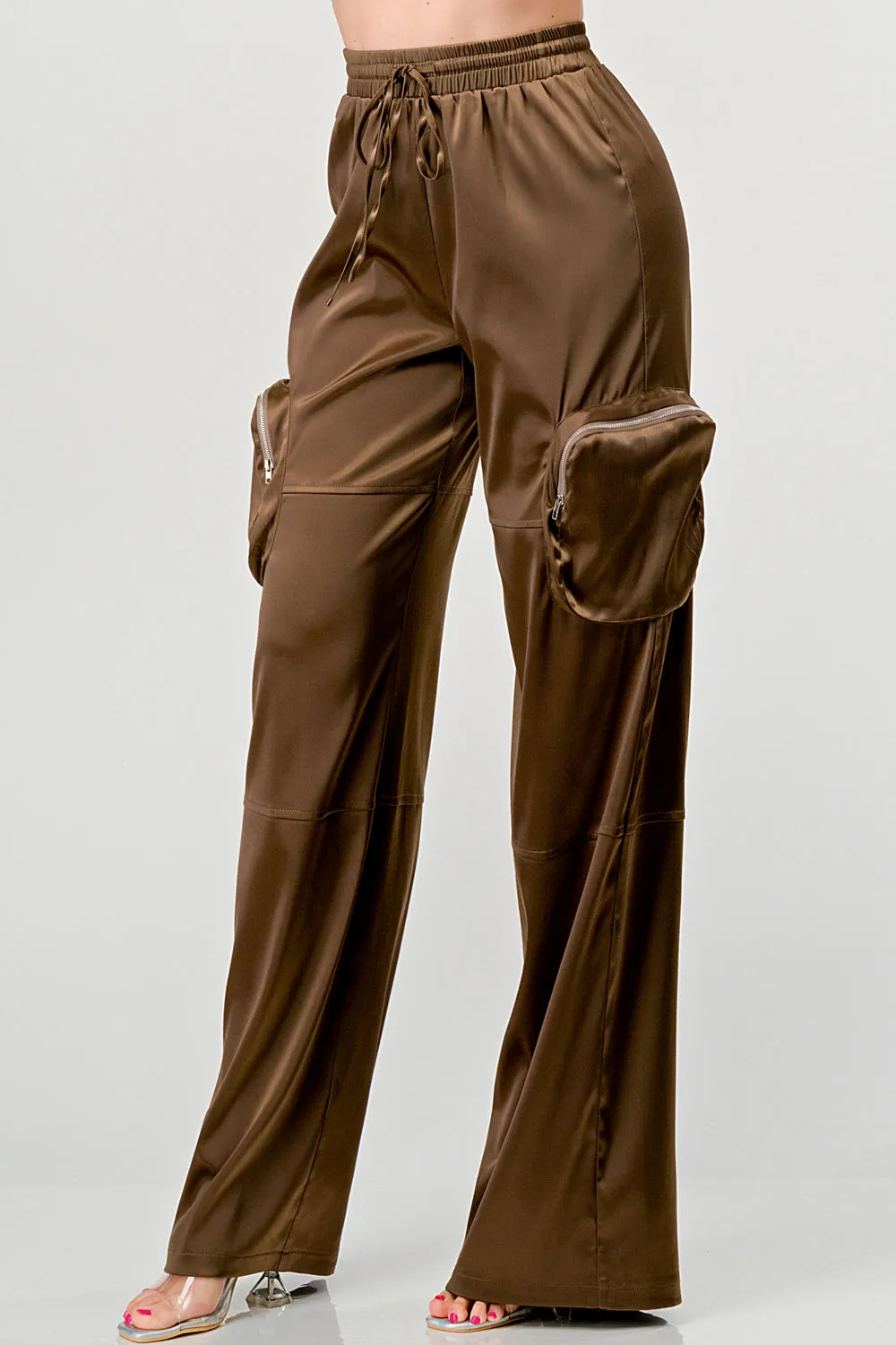 HEAVY STRETCH SATIN ELASTIC WAISTBAND CARGO PANTS