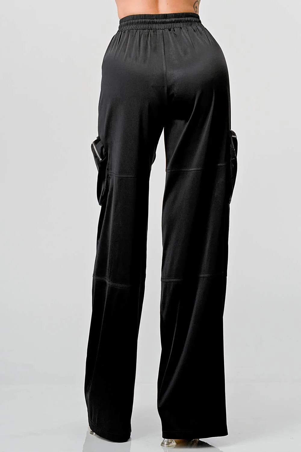 HEAVY STRETCH SATIN ELASTIC WAISTBAND CARGO PANTS