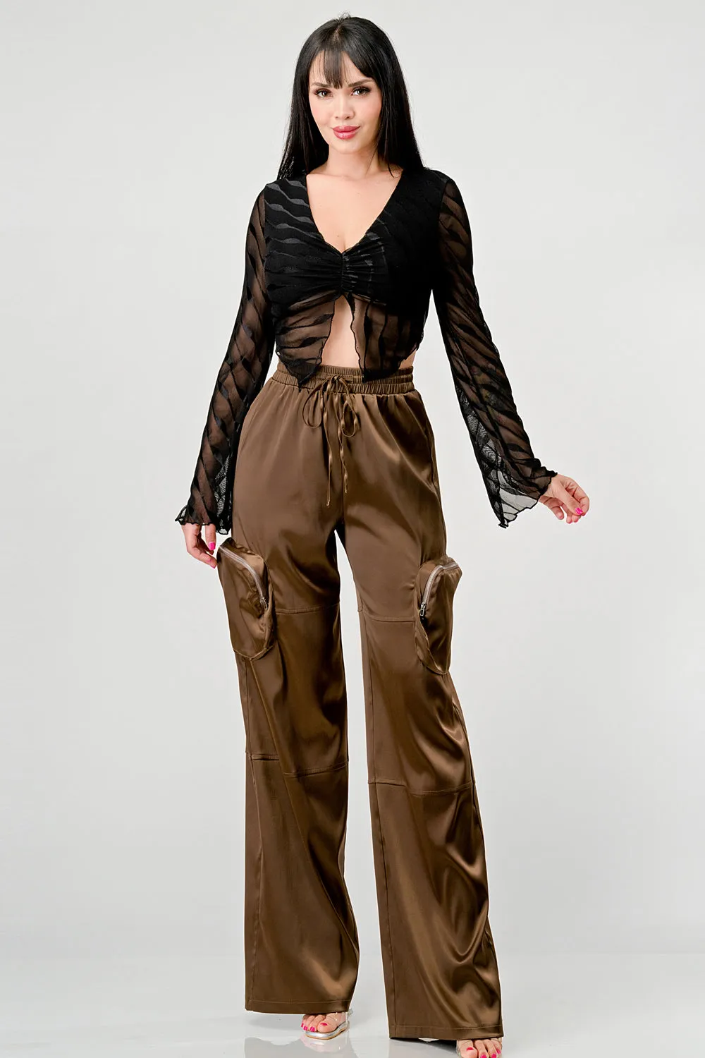 HEAVY STRETCH SATIN ELASTIC WAISTBAND CARGO PANTS