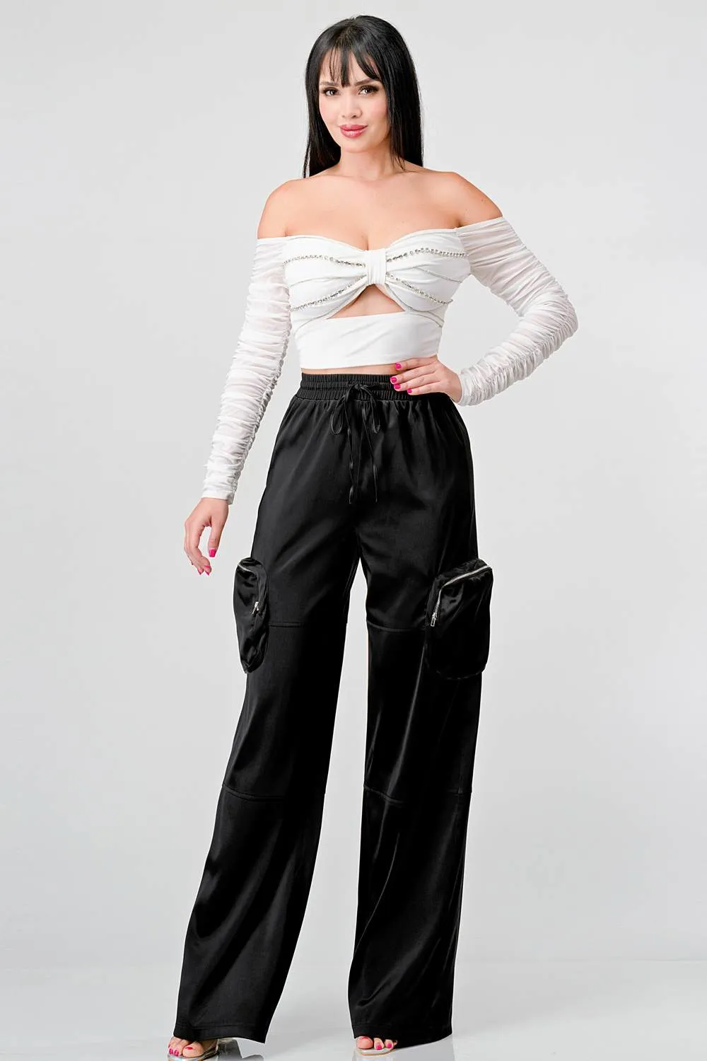 HEAVY STRETCH SATIN ELASTIC WAISTBAND CARGO PANTS