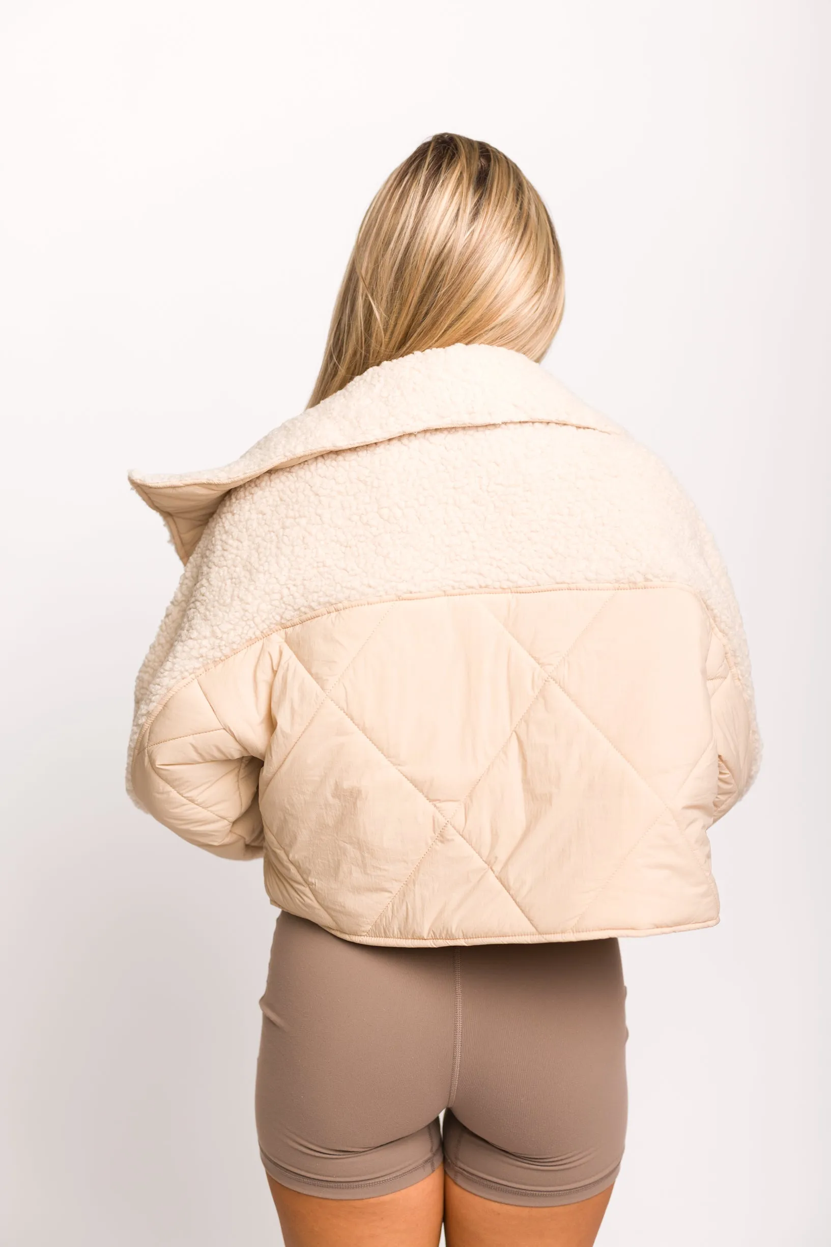 Jacey Quilted Jacket with Fluffy Shearling in Light Taupe