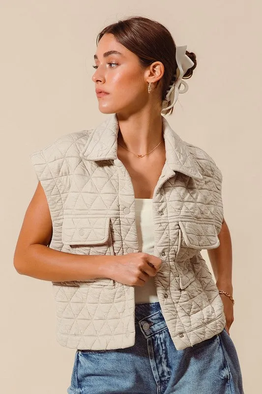 Janine Sleeveless Button Down Quilted Vest Nude