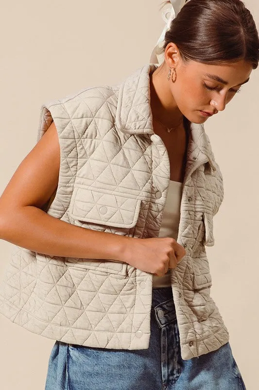 Janine Sleeveless Button Down Quilted Vest Nude