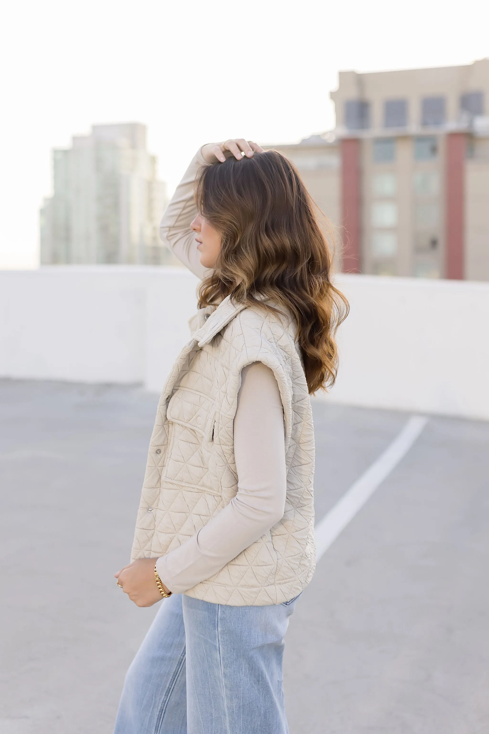 Janine Sleeveless Button Down Quilted Vest Nude