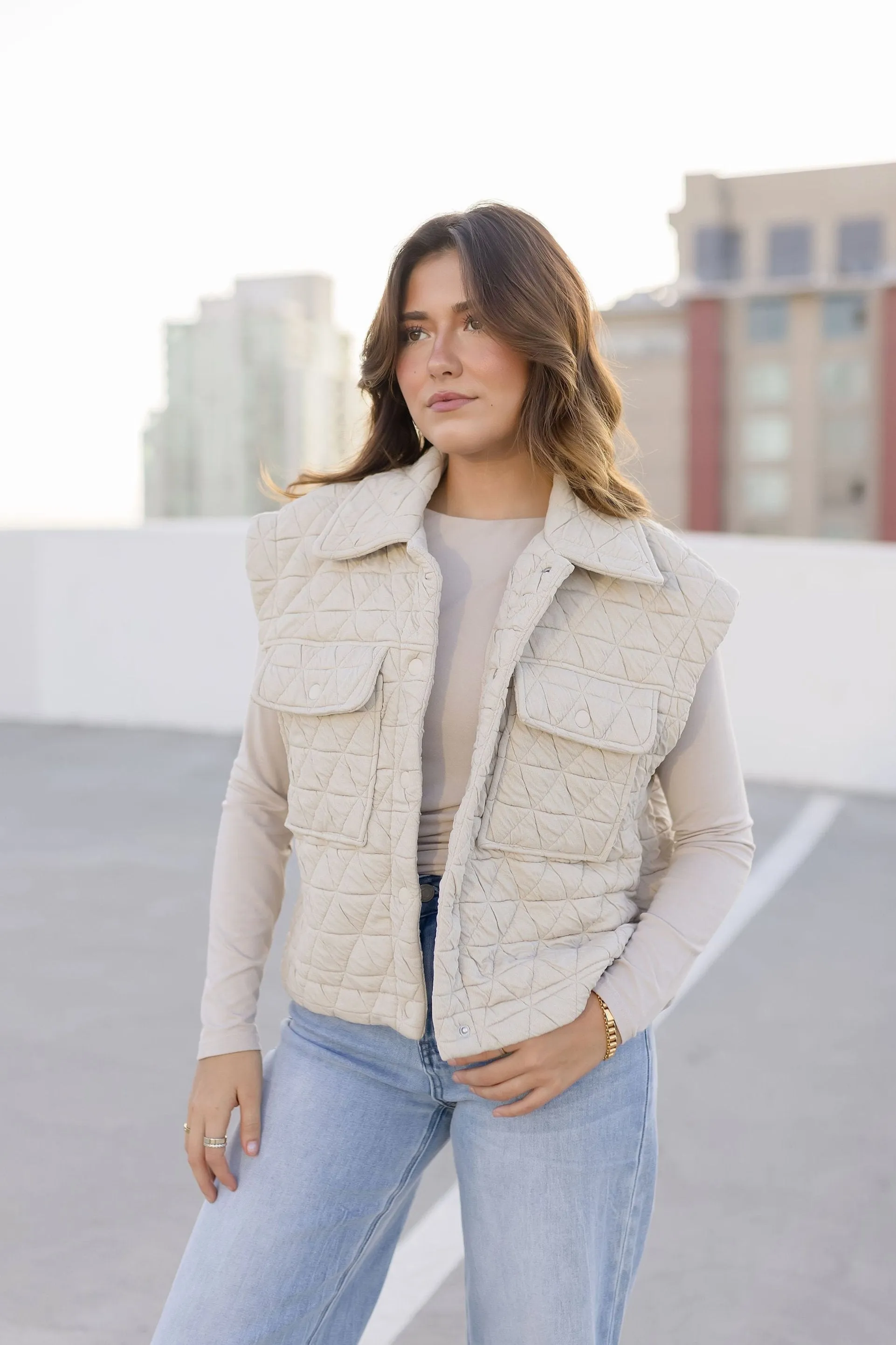 Janine Sleeveless Button Down Quilted Vest Nude